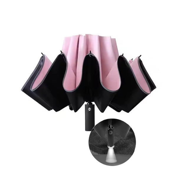 Windproof Automatic 3-Fold Inverted Umbrella with Built-In LED Light - Pink