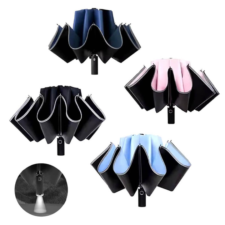 Automatic 3-Fold Inverted Umbrella with Built-In LED Light - Pink