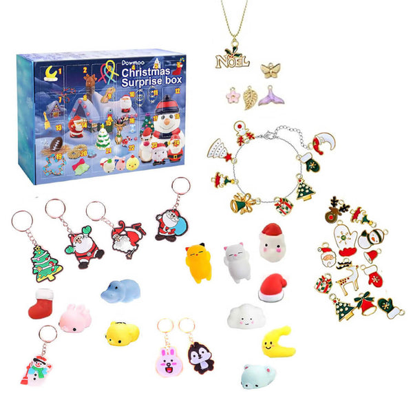 Girls Christmas Countdown Calendar - 1 Chain / Bracelet + Charms, Squishy Toys & Keychains – 21 x 16 cm