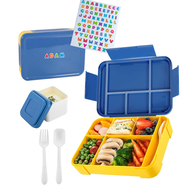 5-Compartment Lunch Box with Built-In Utensils, Sauce Container & ABC Sticker Sheet