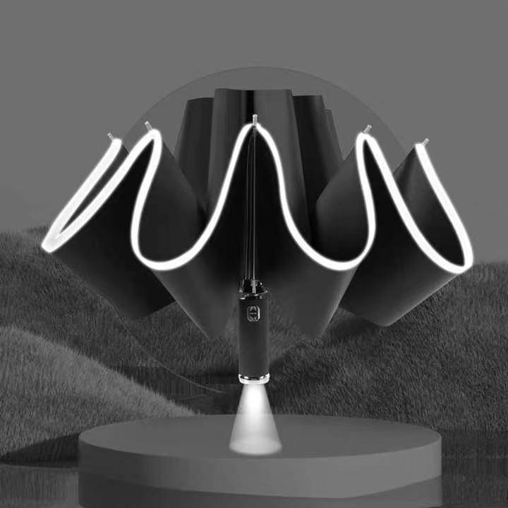 Automatic 3-Fold Inverted Umbrella with Built-In LED Light - Black