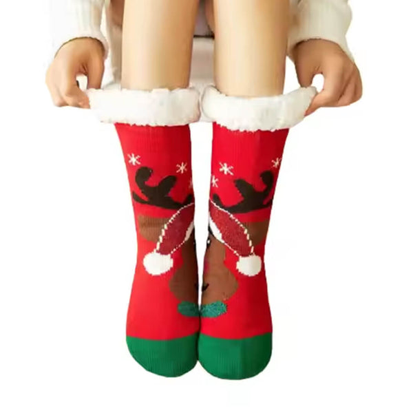 Non-Slip Warm Christmas Fleece Sleep Socks  - Red Deer