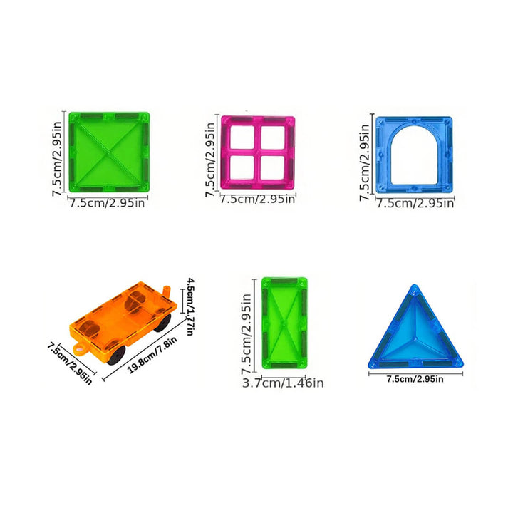 Set of colorful magnetic geometric shapes with measurements 