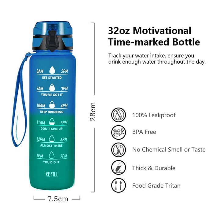 Leakproof motivational water bottle with time markers, dimensions