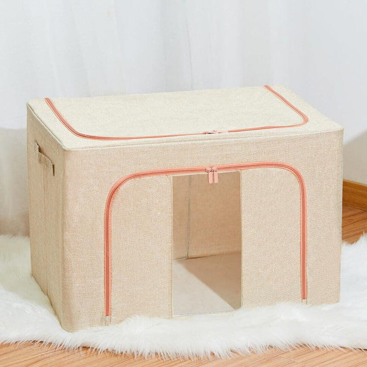 Foldable closet storage box for clothes and blankets, beige color