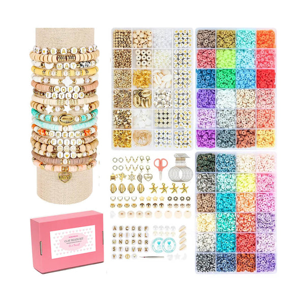 DIY bracelet-making kit with 10,500 colorful clay beads with gold accessories.
