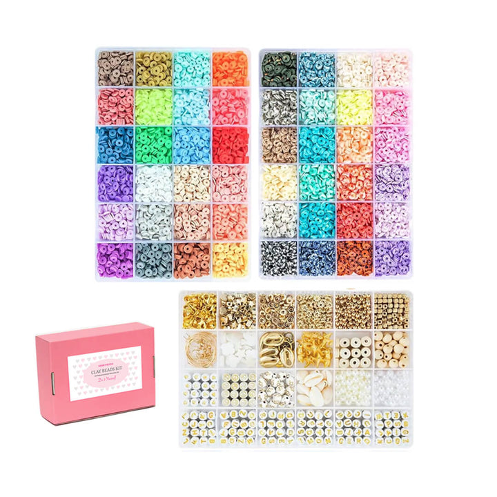 Vibrant color clay bead set with gold accessories for making bracelets, necklaces, and earrings.