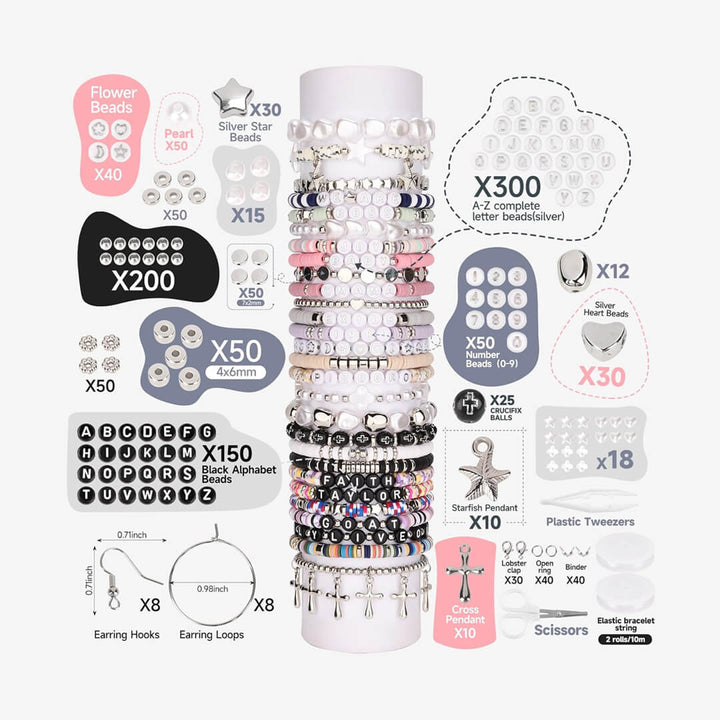 Bracelet-making set with colorful beads, charms and silver accssories.