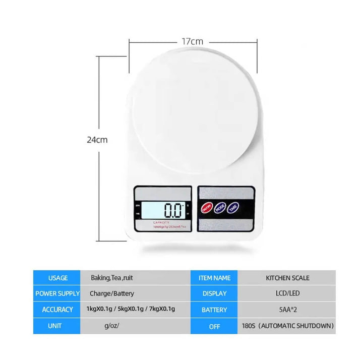 10KG Battery Operated Digital Kitchen Scale - White