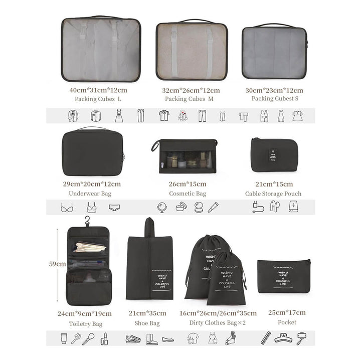11 pieces Luggage Organizers for Hassle-Free Packing - black