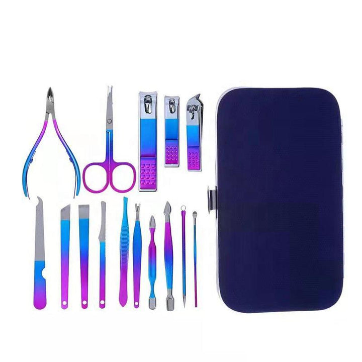 Travel manicure set with gradient blue and purple tools