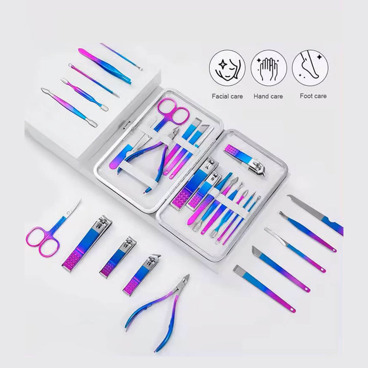Manicure and pedicure set with tools in blue and purple