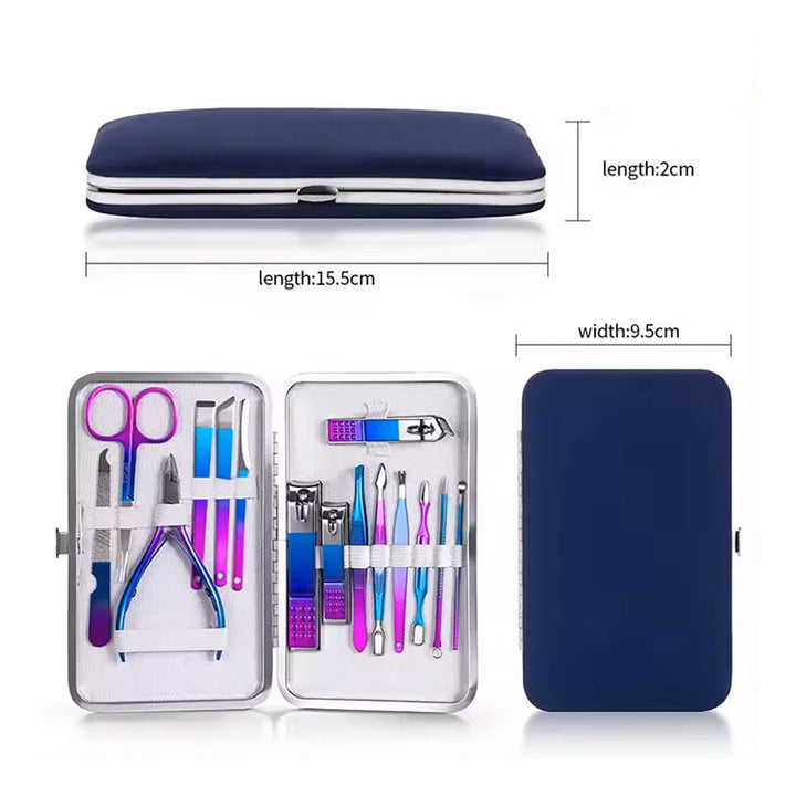 Manicure set with tools and case, showing dimensions 