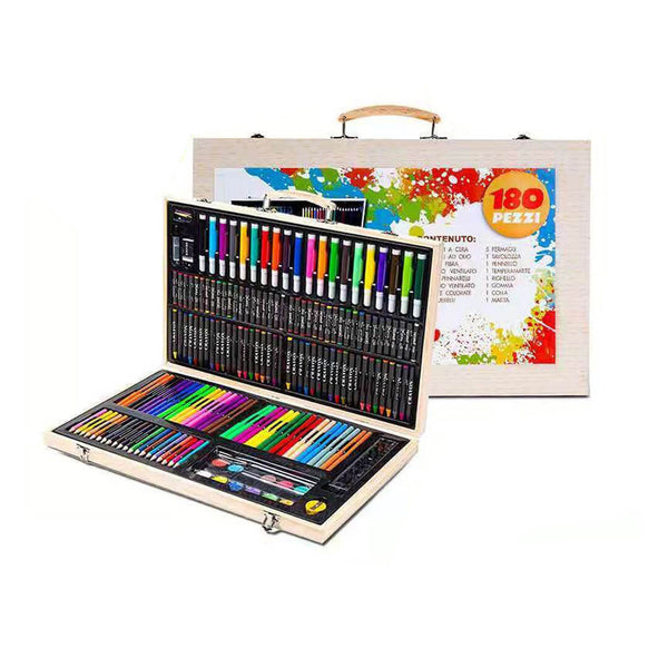 Art supply wooden case featuring 180 pieces including oil pastels and brushes
