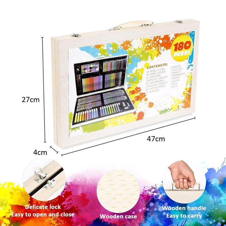 Art supply set in a wooden box with colorful design, dimensions, and features highlighted.