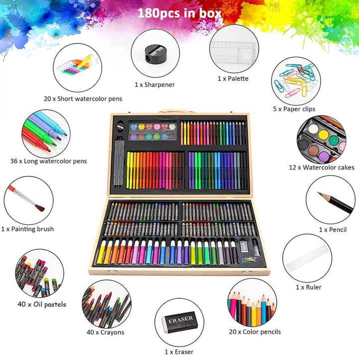 Complete wooden box coloring set with pencils, crayons, and watercolors displayed in compartments.