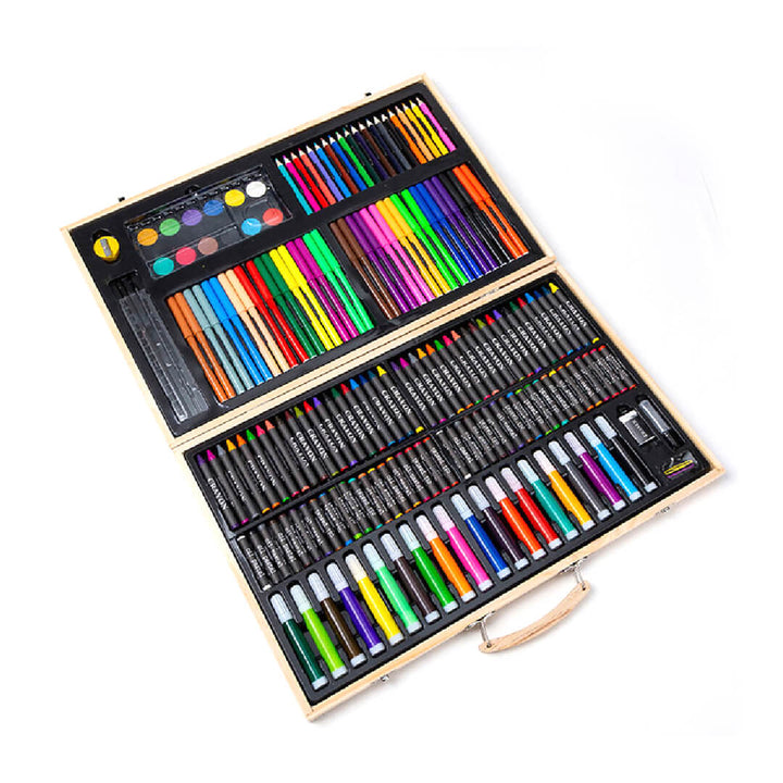 180-piece wooden art set opened to show colored pencils, markers, and paints neatly organized.