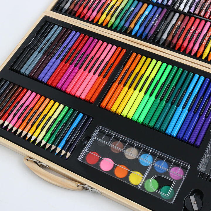 Portable wooden art case with full 180-piece, close-up shot 