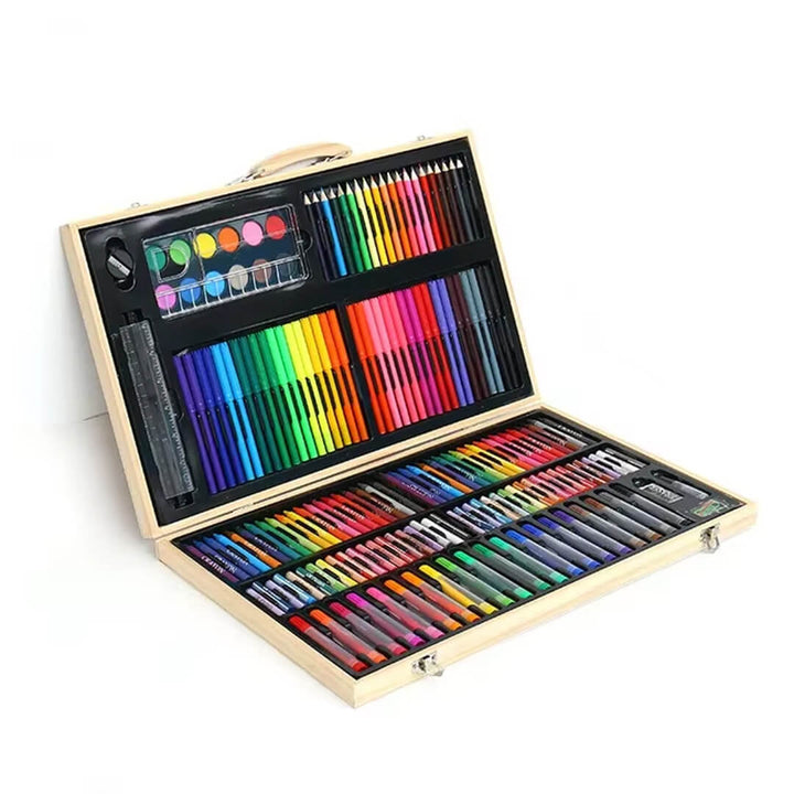 180-piece wooden art kit with organized compartments for every tool.