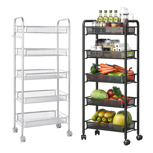 5 Layers Steel Movable Kitchen Cart - Black & White