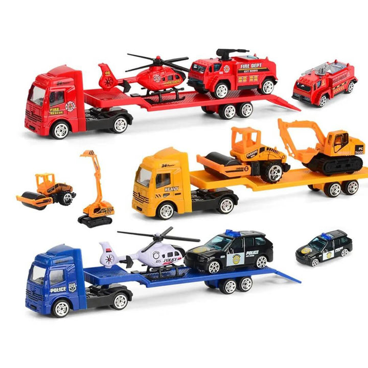 Compact Vehicle Trailer Truck Set - Red Fire, Blue Police, Yellow Construction