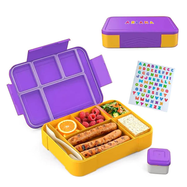 5-Compartment Lunch Box with Built-In Utensils, Sauce Container & ABC Sticker Sheet Purple