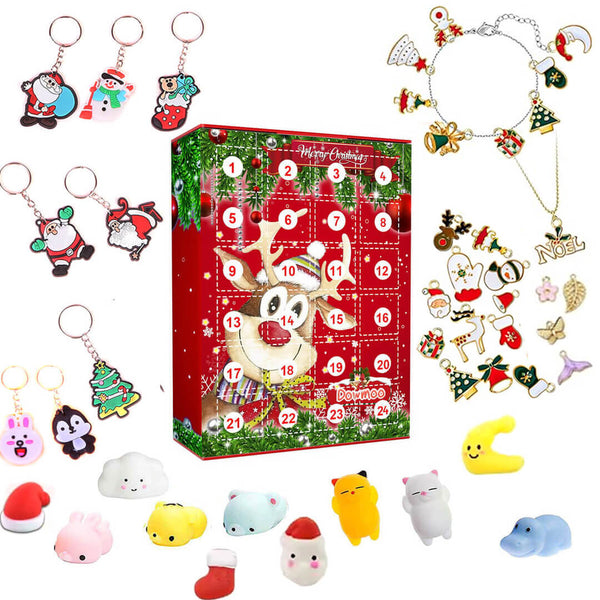 Girls Christmas Countdown Calendar – 1 Chain/ Bracelet + Charms, Squishy Toys, & Keychains (16 x 21 cm)