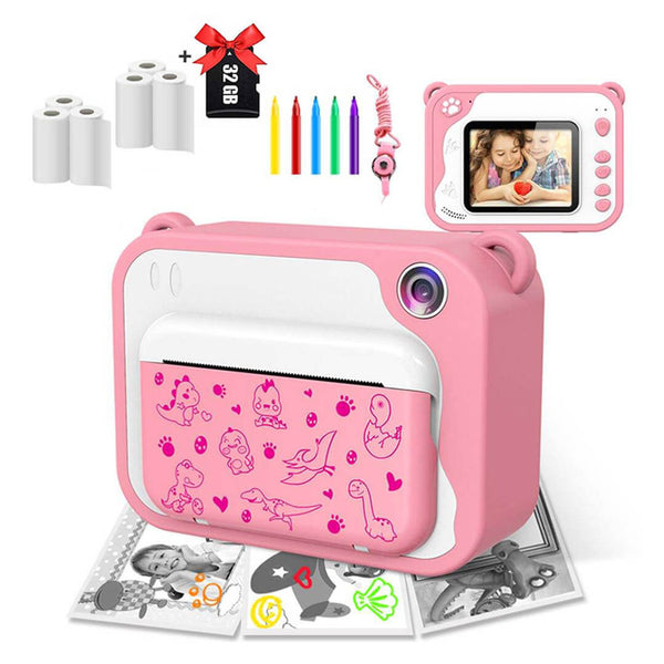 Instant Print Camera  + 6 Rolls & 32GB SD Card  - Pink Dino