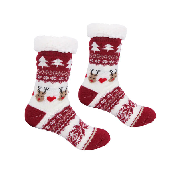 Non-Slip Warm Christmas Fleece Sleep Socks  - Red