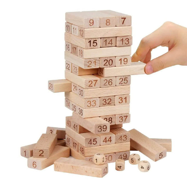 Wooden Jenga Tower Game – 54 Blocks & 4 Dice for Challenging Fun