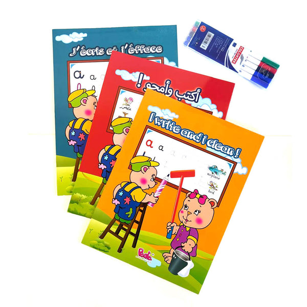 Wipe-Clean ABC Letters Bundle (3 Trilingual Books + 5 whiteboard Pens)