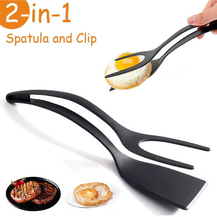Double-ended egg and pancake spatula with food clip function