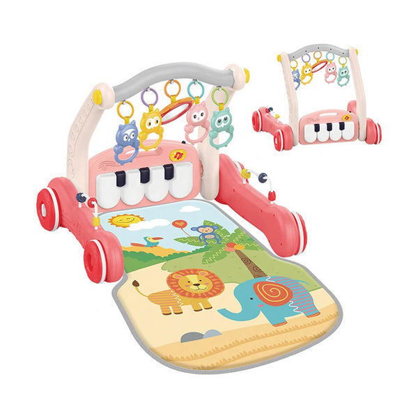 2-in-1 musical baby play mat and walker with lights and interactive piano, pink