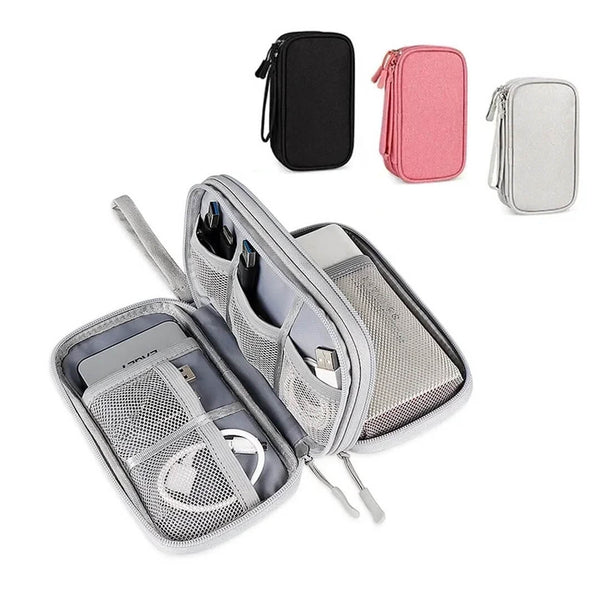 Electronic organizer bag with dual compartments in grey, black and peach colors