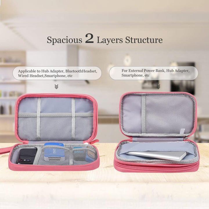 Pink portable electronic organizer bag with 2-layers structure to fit power bank, adapter, smartphone and cables.