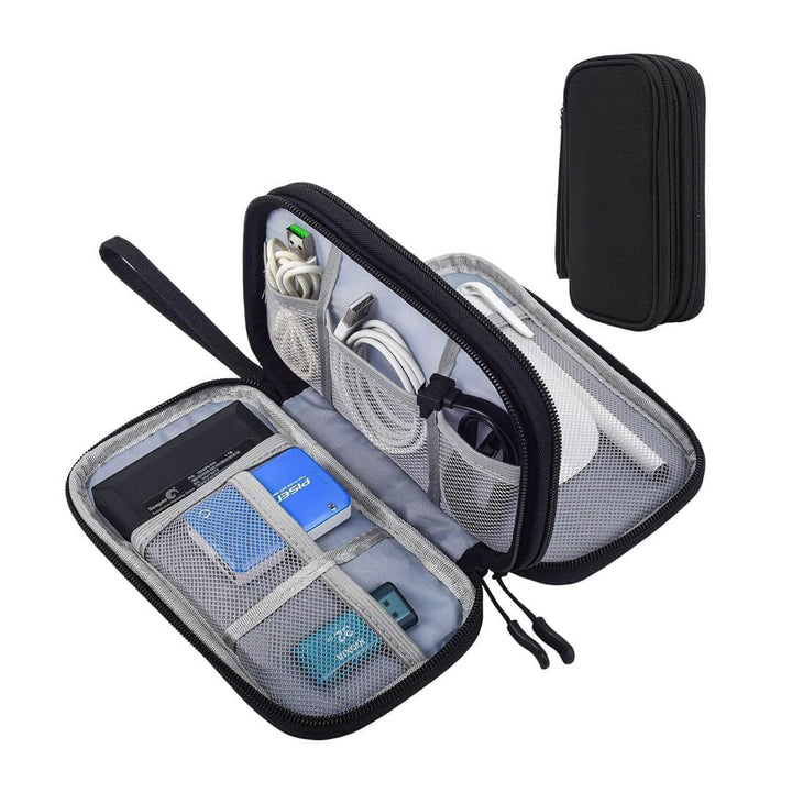 Black electronic organizer bag with dual compartments