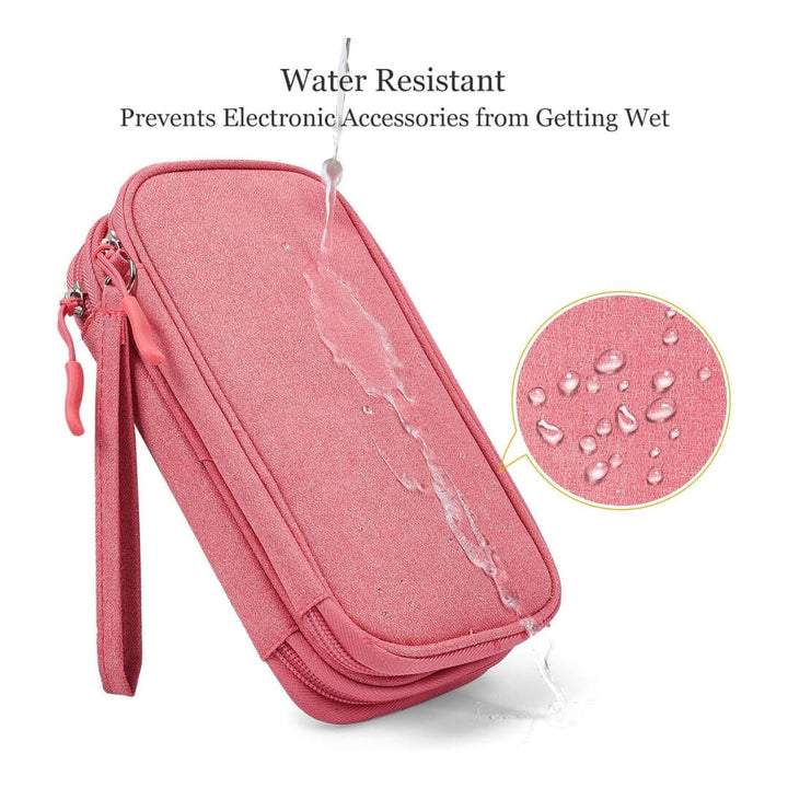 Pink portable electronic organizer bag with multiple mesh compartments, water-resistant. 