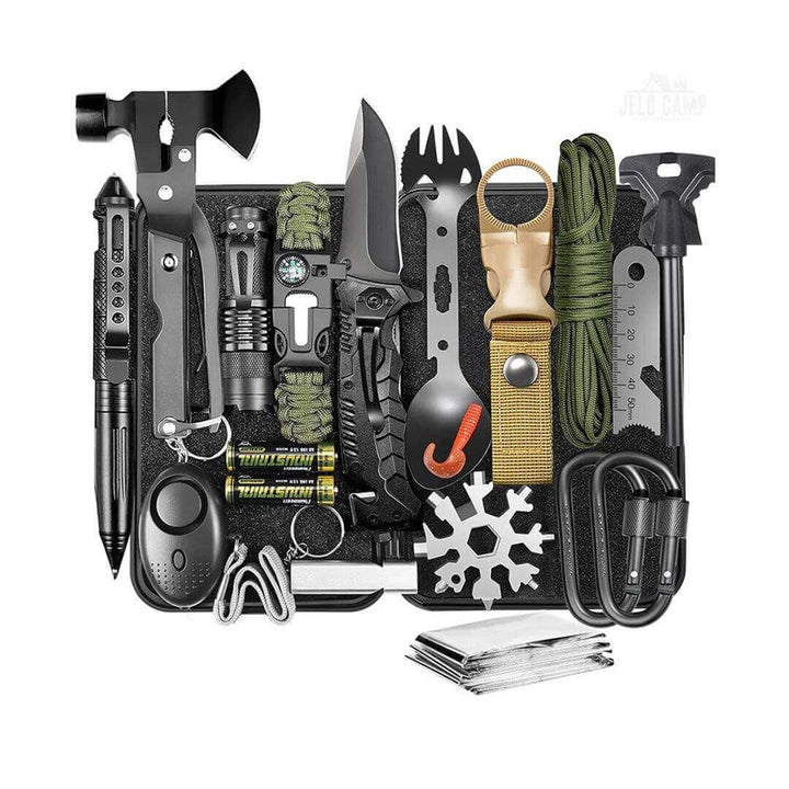 20-in-1 camping preparedness kit in a durable black case