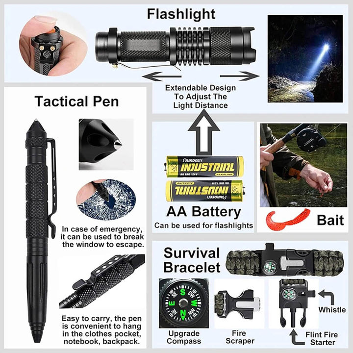 Collection of survival tools including a flashlight, tactical pen, AA battery and survival bracelet