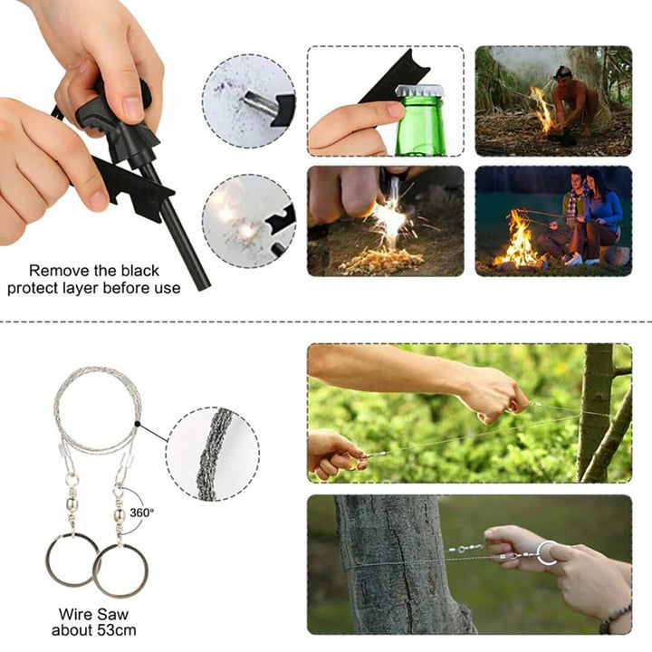 Multifunctional tool with various uses including fire starting and cutting