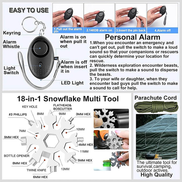 All-in-one 20-in-1 outdoor preparedness kit for travel and hiking