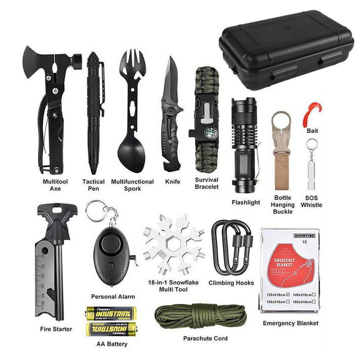 Collection of survival tools including an axe, pen, spork, knife, flashlight in a black case.