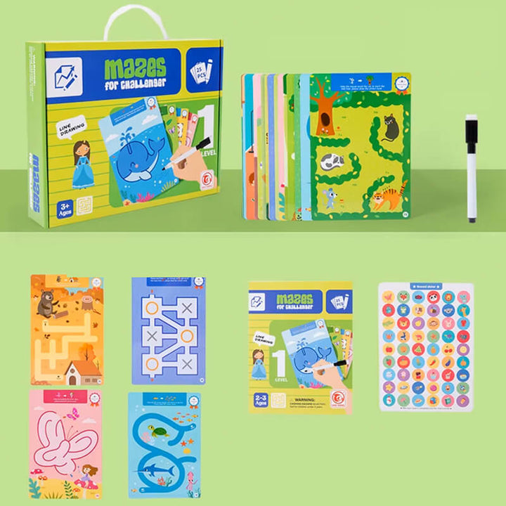 25 Reusable Maze Cards for Kids – Write & Wipe Fun 3+ Years