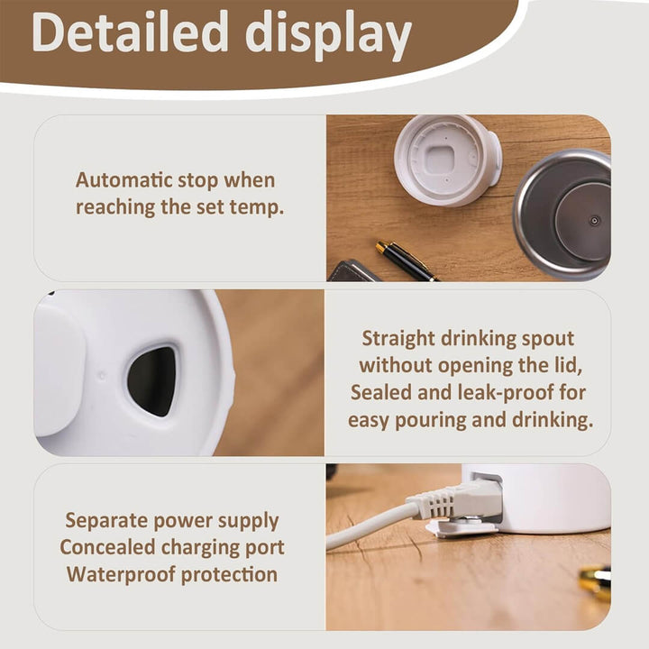 Compact 2-in-1 electric kettle and insulated mug, detailed display