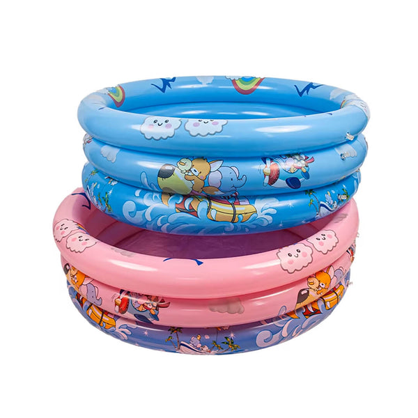 3-layer inflatable baby pool in blue and pink with cartoon design