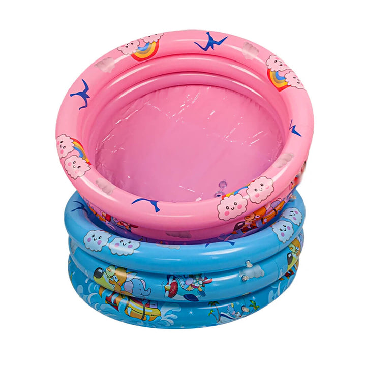 Foldable outdoor pool for babies and toddlers in blue and pink with cartoon design, 90 cm diameter