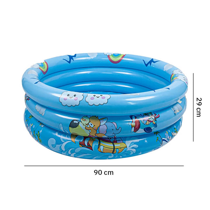 3-layer inflatable baby pool in blue with cartoon design, dimensions