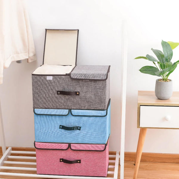 Storage boxes with lids, dividers and handles in grey, blue amd pink color