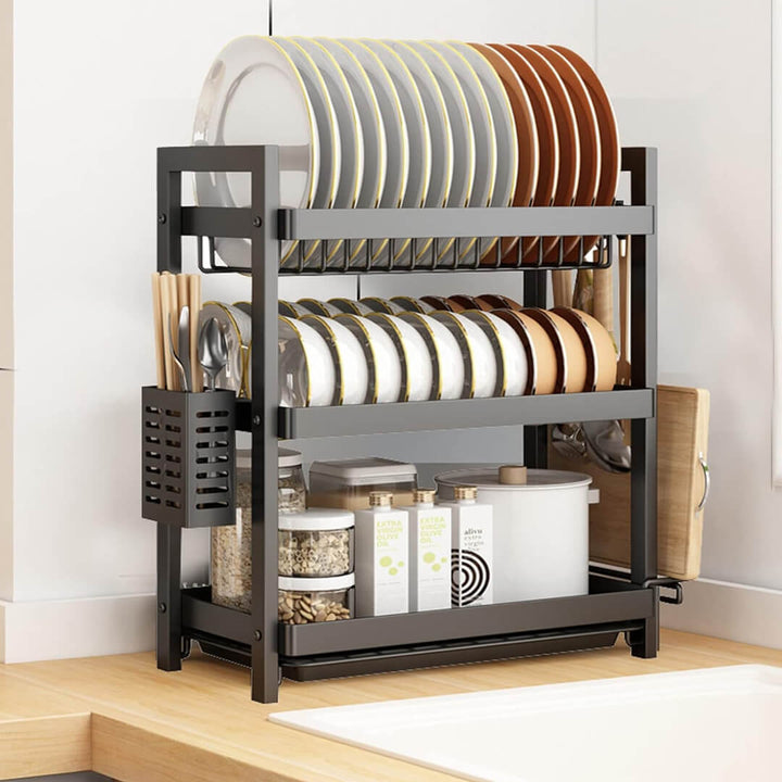 Rust-proof carbon steel dish rack on kitchen countertop"