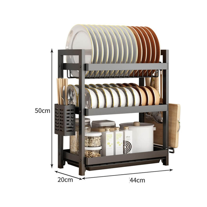 Large capacity dish drainer with removable drip trays, dimensions